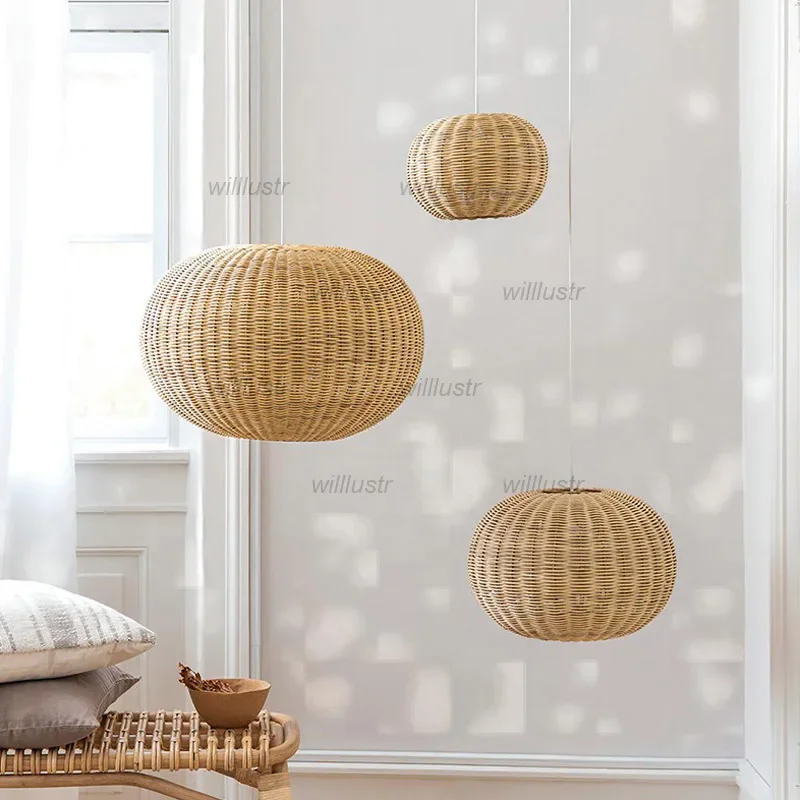 Wicker Ball Suspension Light Creative Oval Rattan Pendant Lamp Hotel Cafe Homestay Tearoom Handmade Hanging Ceiling Chandelier