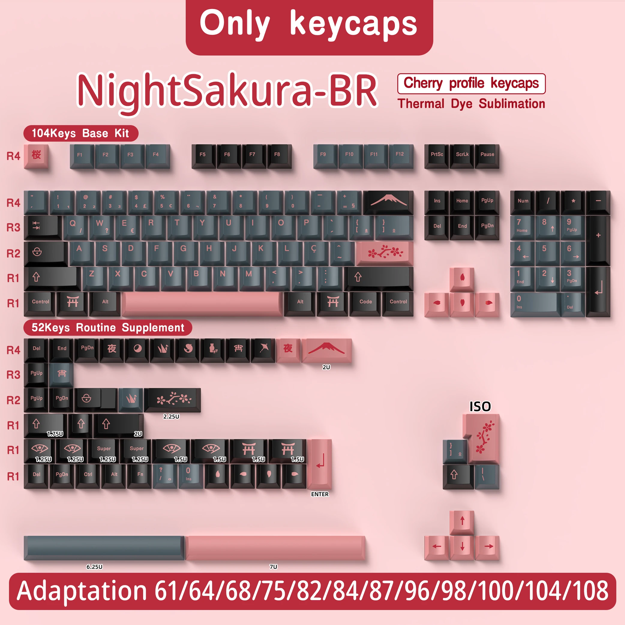 Abnt2 Keycaps Cherry Profile PBT Dye-Sub BR Keycaps Monster Red Samurai Blue Samurai For Mechanical Keyboard 7U Space bar