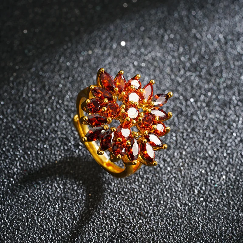 

24K Gold AU999 Micro-Inlaid Full Zircon Orange Sunflower Ring Women - Premium gold-zircon, lively flower, suitable for daily