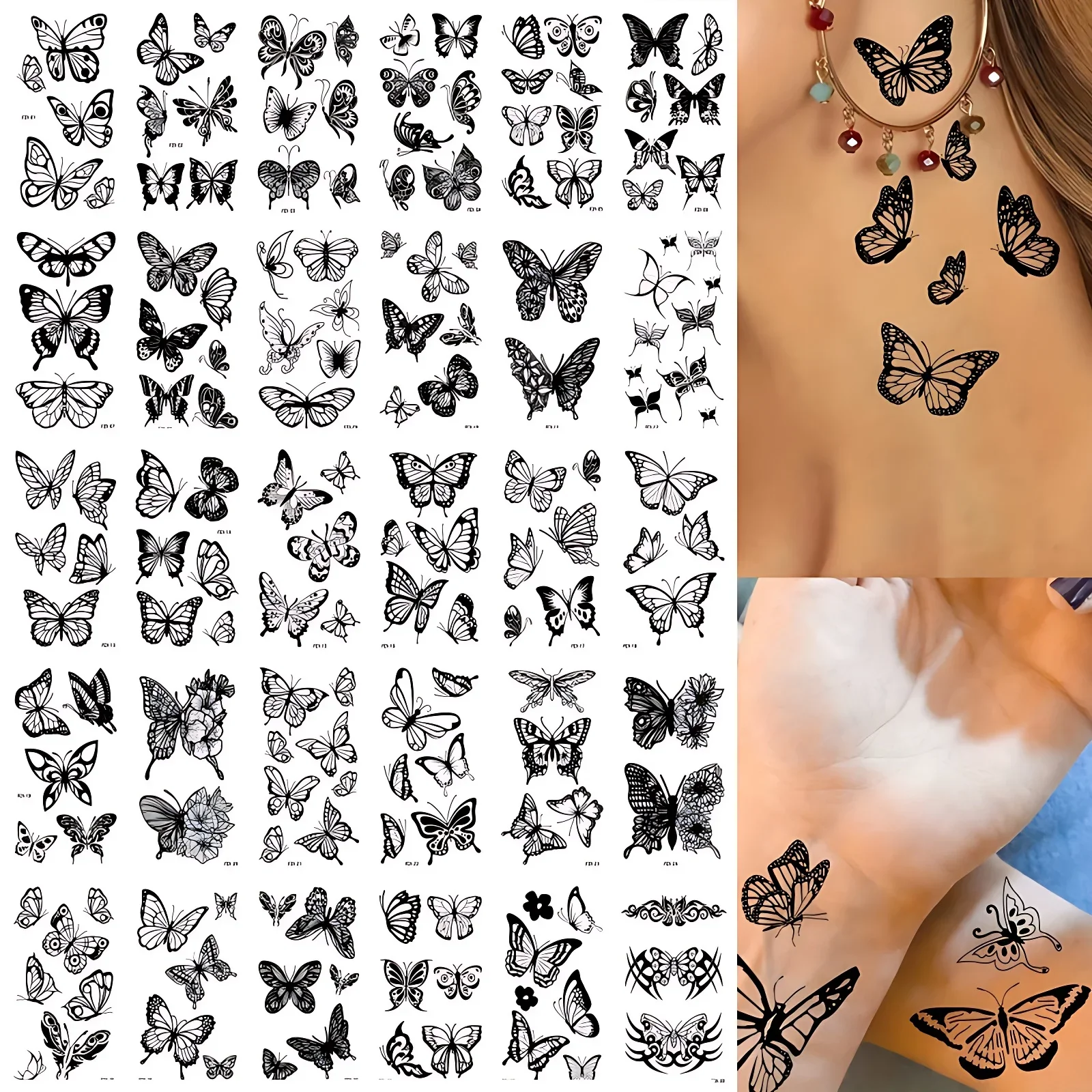 30pcs/set Sexy Butterfly Fake Tattoo Stickers for Women Ladies Girl Summer Travel Black Small Tattoos Waterproof Wrist Neck Hand