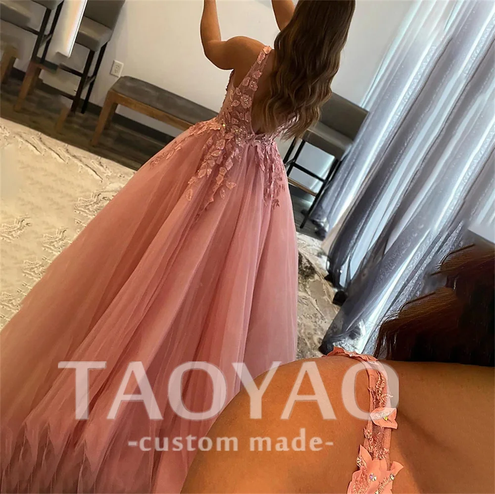 Princess A-Line Evening Dresses V Neck Wedding Dress Backless Party Dresses Tulle Pleats Appliques Prom Dress Vestidos De Fiesta