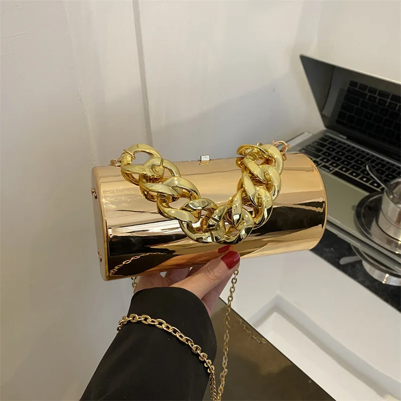 Acrylic Cylinder Bag European Fashion Gold Silver Patent Leather Glossy Single Shoulder Bag Ins Women\'s Thick Chain Handbag