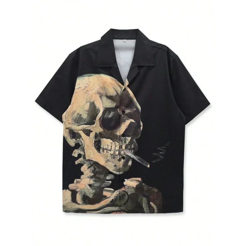 

1pc 140g 4-Way Stretch Shirt, Men Casual Beach Shirt, Hip Hop Vintage Y2K Skull Graphic Black Simple Style, Summer