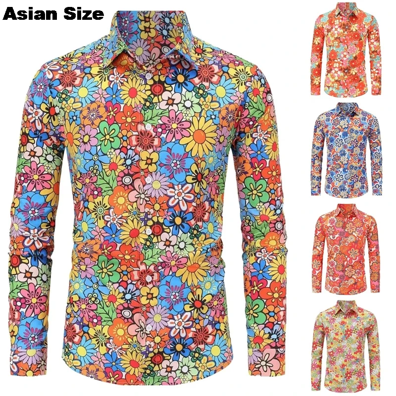 2025 New New Men's Vintage 80s Hip Hop Flower Outfit Vintage Print Long Sleeve Shirt Festival Carnival Disco Party Costume Tops