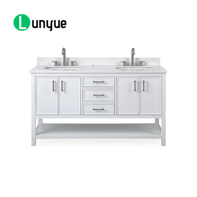 Modern 60 Inch White Double Sink Bathroom Vanity Cabinet Wood Engineering Grade Countertop Durable Luxury Stand Up Basin