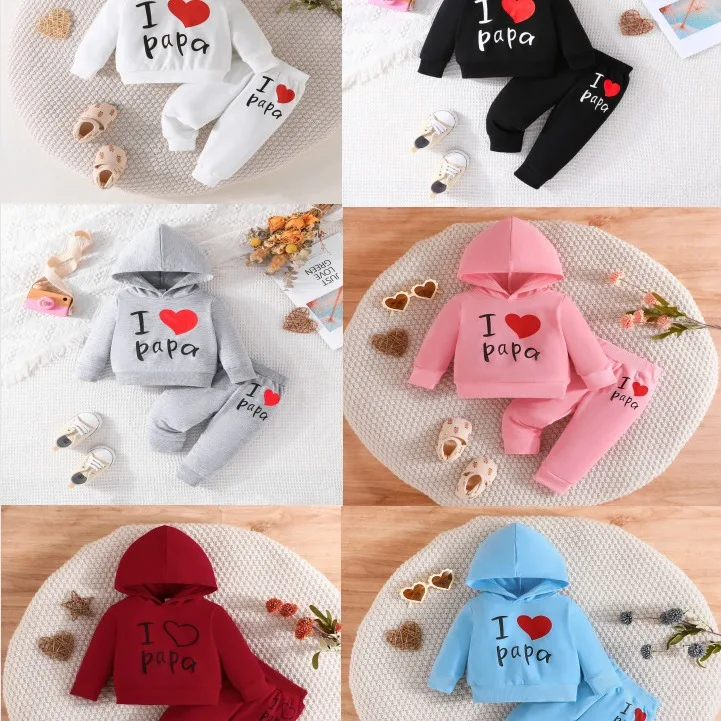 The new baby love letter print hooded sweatshirt pullover + trouser set foreign trade spot delivery