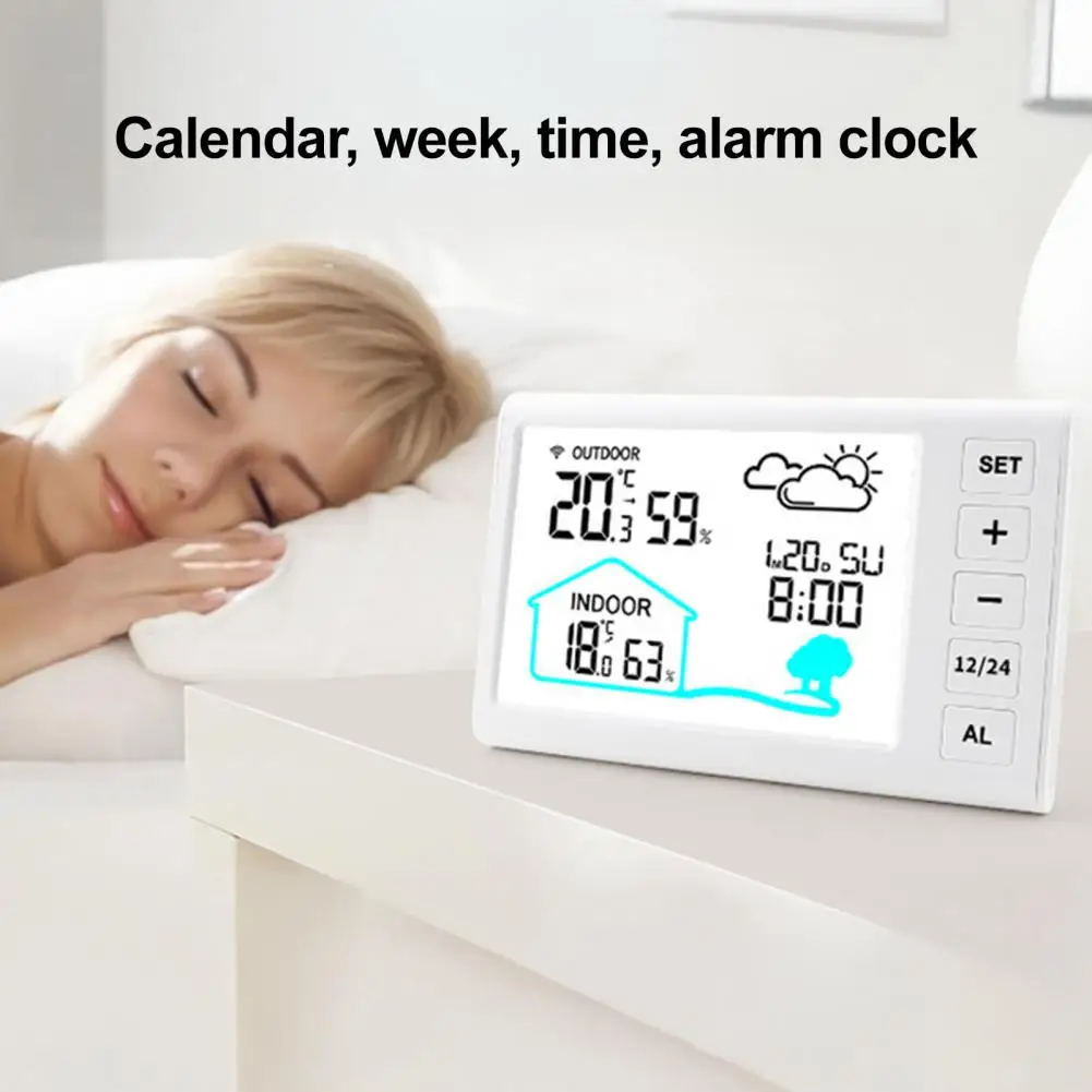 時間・天気モニター ワイヤレス気象観測ステーション 気圧計センサー付き 室内/屋外温度湿度監視 4.4インチ液晶ディスプレイ