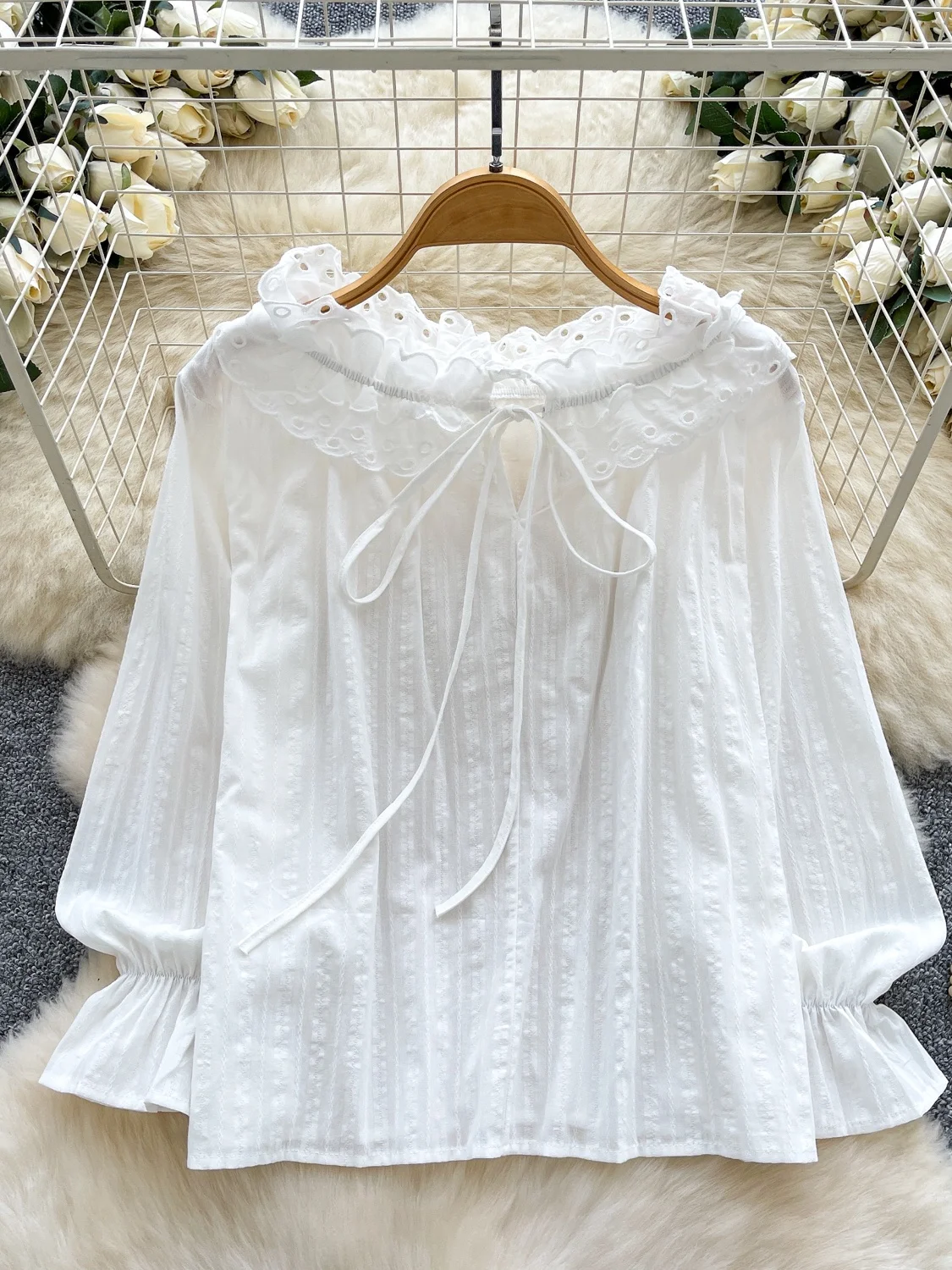 

Ele Long Sve Loose Women's irt with Bowtie And Wooden for Spring Summer Commute Breathable Polyester Fiber