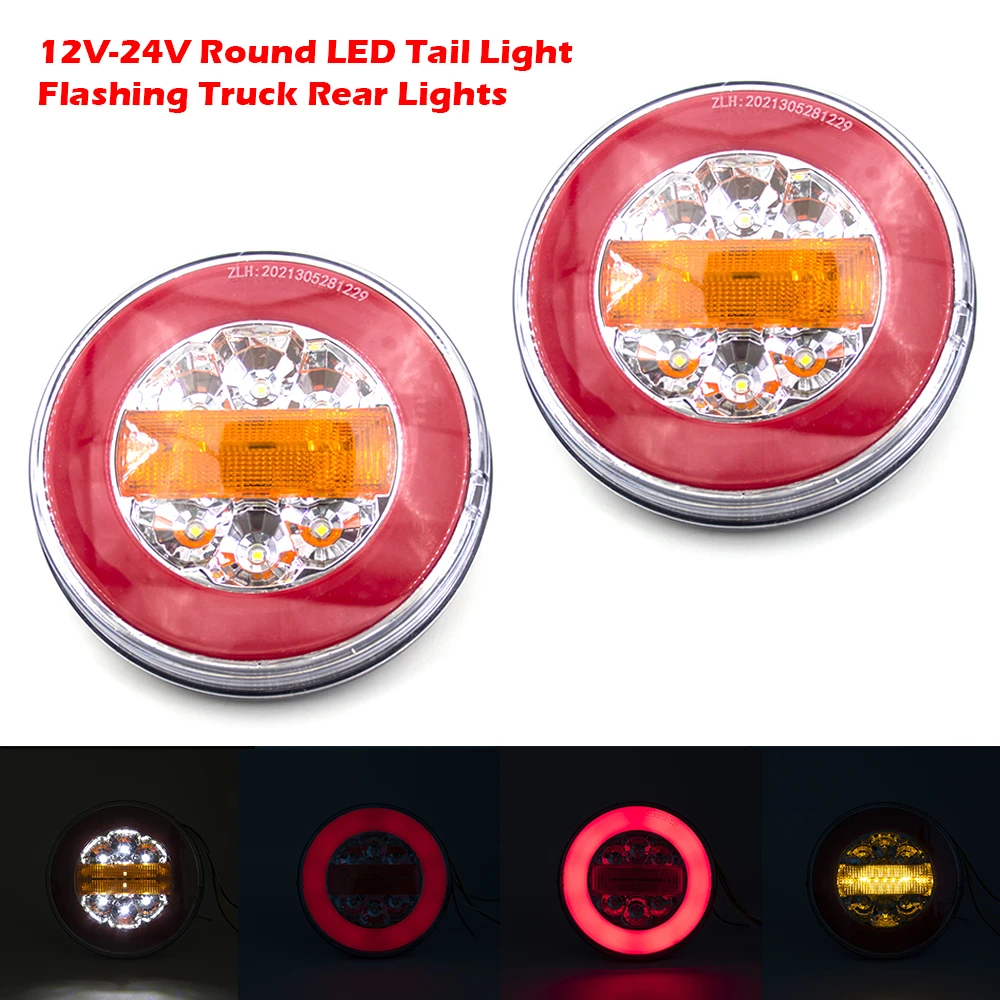 

2pcs 12V 24V Round LED Truck Taillight Tail Light Flow Trun Signal Reverse Lamp Rear Brake Stop Light Car Trailer Caravan Lorry