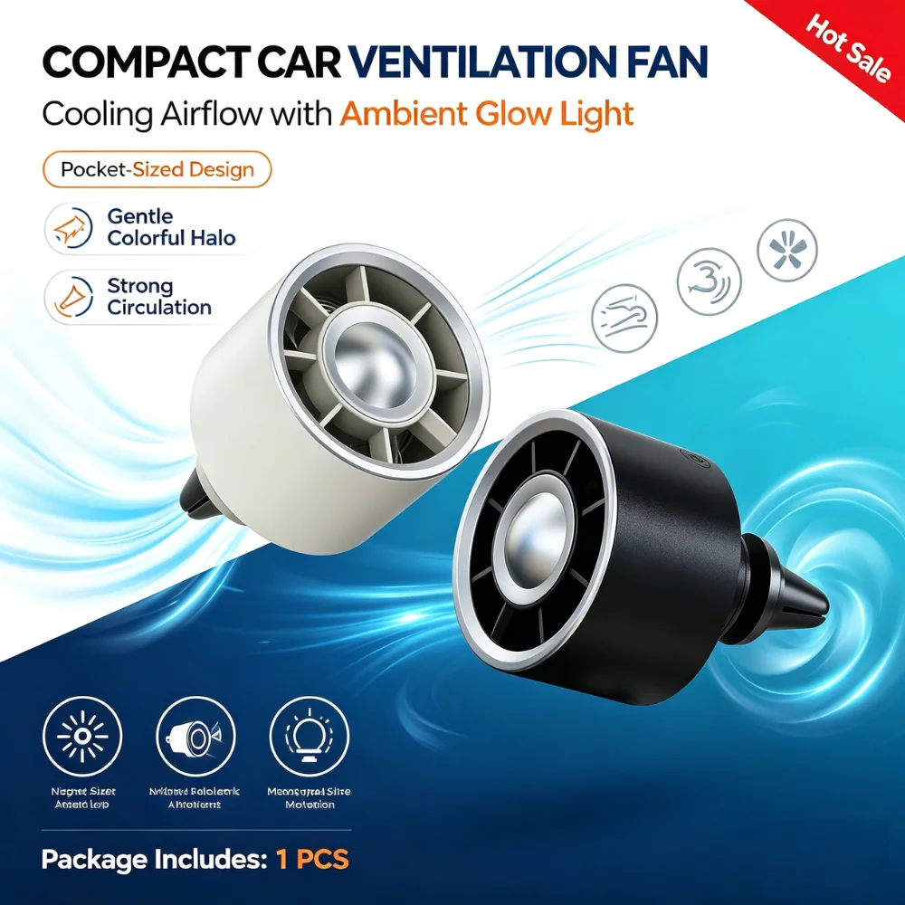 USB Car Air Vent Fan Portable Mini Cooling Fan Adjustable Wind Speed Ambient Light Universal Car Accessories