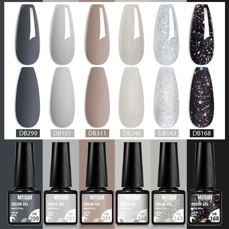 6PCS Nail Polish Gel Set Black White Popular Colors In Autumn Semi Permanent Soak Off UV Nail Art Varnish Kit Manicure Design