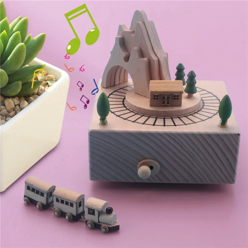 

A88Z Wooden Musical Box Featuring Mountain Tunnel With Small Moving Magnetic Train Plays