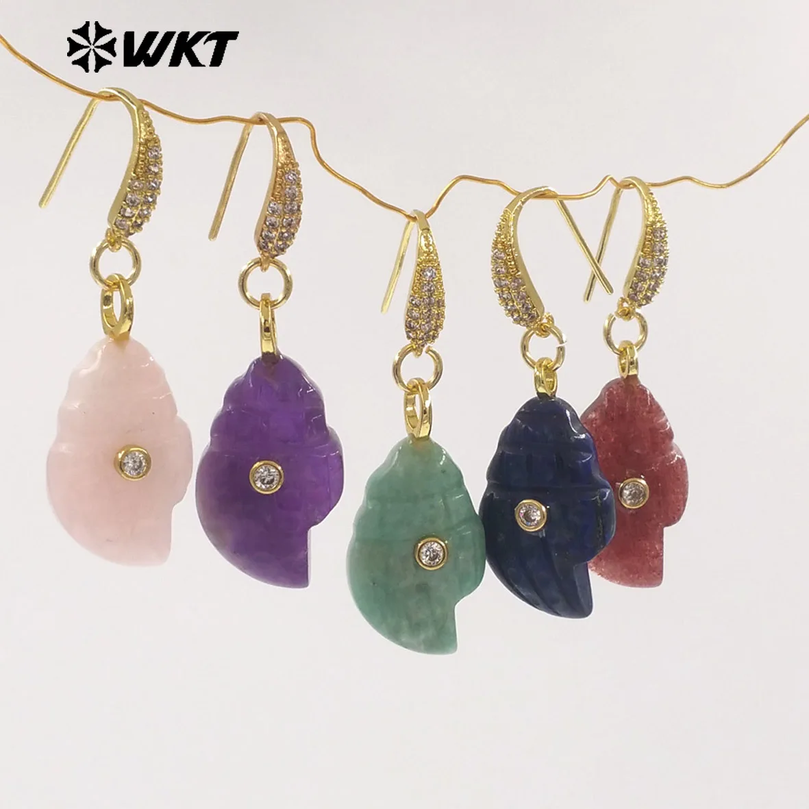 WT-E828  New Product Zircon And Various Natural Gemstones Conch Shape Gold Earrings For Girls Summer Beach Wearing Accessory