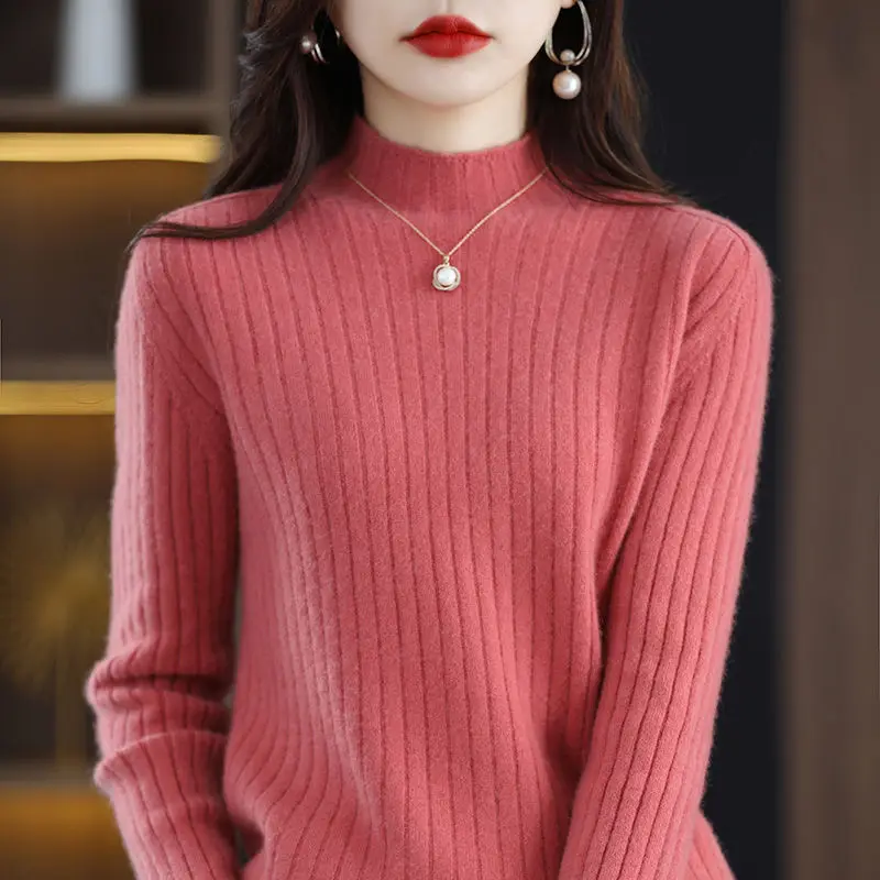 Autumn and Winter Women's Pullover Half High Neck Solid Screw Thread Long Sleeve Sweater Knitted Underlay Fashion Casual Tops