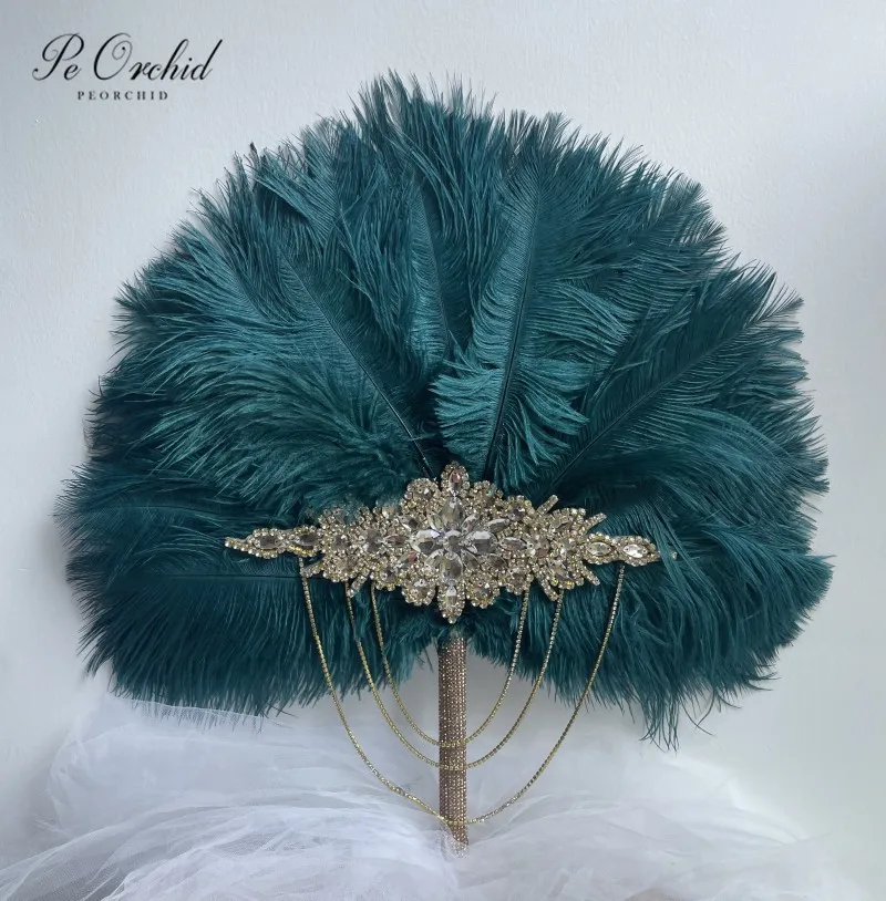 

PEORCHID Ostrich Feathers Teal Blue Bridal Brooch Bouquet Fan Ramo Novia 2023 Custom Gatsby 1920s Art Deco Wedding Bouquet Gift