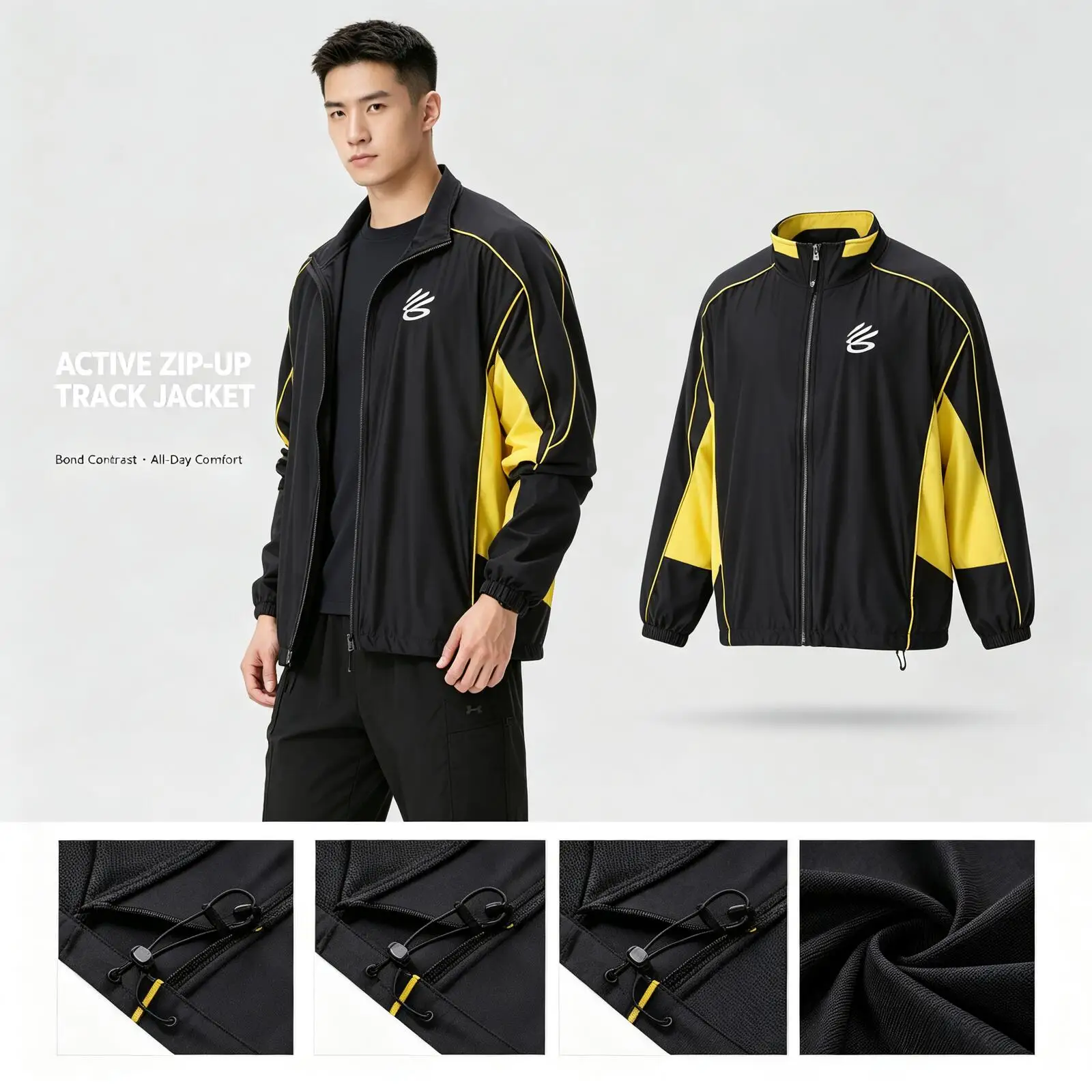 Under Armour Black Yellow Color Block Sport Jacket for Women Men Smooth Fabric Full-Zip Up Track Jacket Relaxed Fit Streetwear
