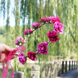 Women Elegant Rose Flower Headband with Adjustable Ribbon Wreath Crown Floral Wedding Hair Garland for Activities Party