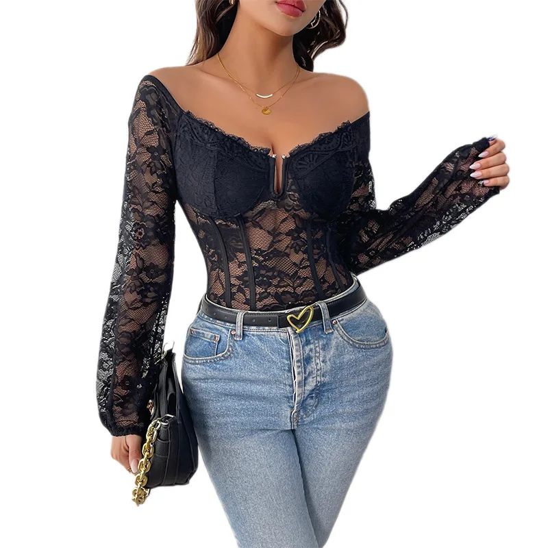 

2025 New Lace Lace V-neck Off-shoulder Long Sleeve Elegant Sexy Jumpsuit