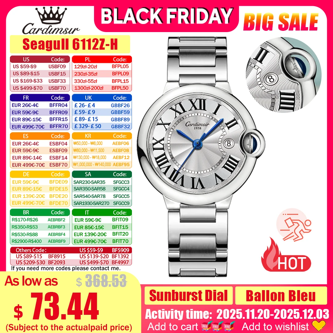 

CARDIMSIR Ballon Bleu Automatic watches for woman 33mm Stainless Steel Wave Pattern Dial Sapphire Glass 3ATM Date Luxury Gifts