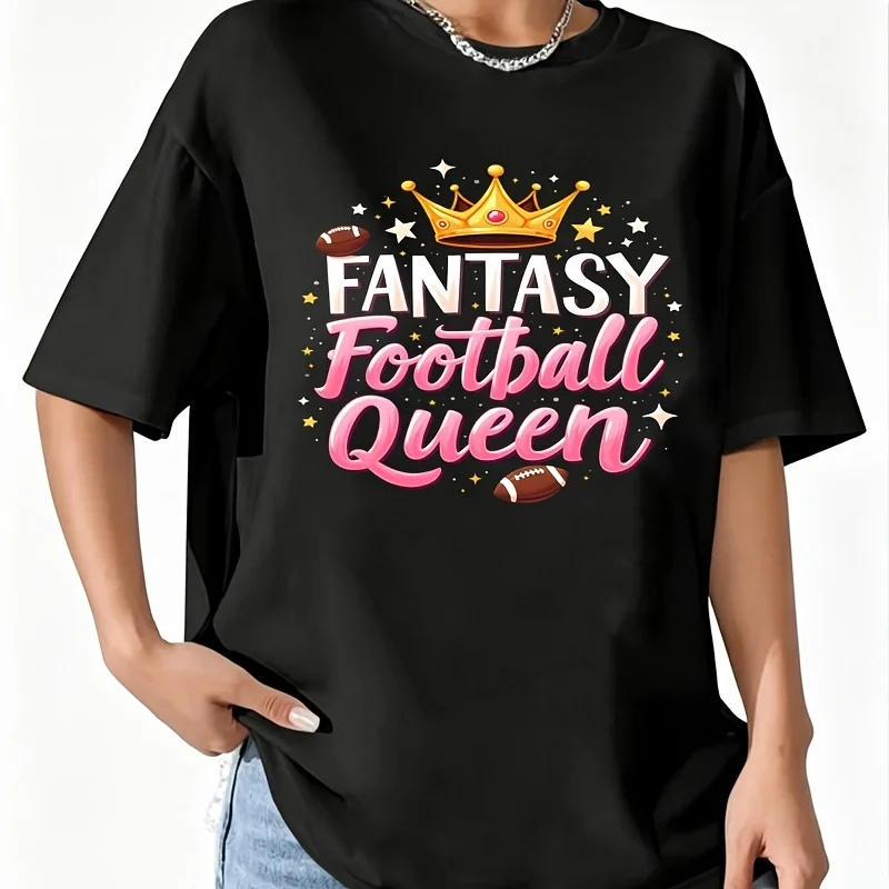 Fantasy Football Queen Women's 100% Cotton T-Shirt Short Sleeve Top Casual Round Neck Fun Print Tee S-5Xl