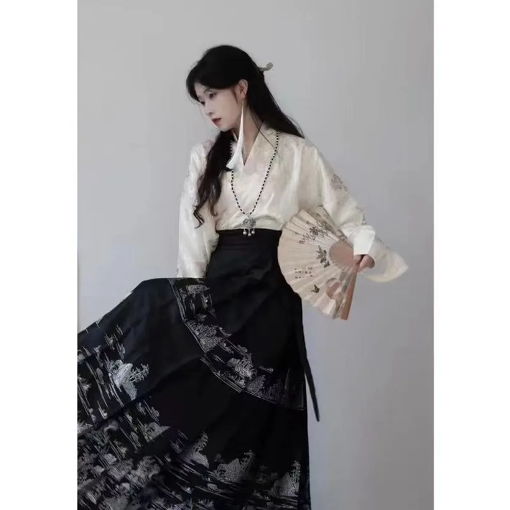 Original Hanfu Modern Style Chinese Costume Ming Dynasty Weaving Gold Horse Face Skirt Chinese Dress Mamianqun Vest Skirt Set