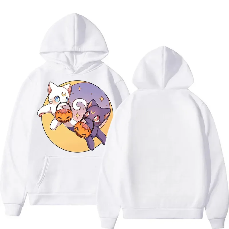 2025 新しいセーラームーン ルナ＆アルテミスをテーマにしたカップル用パーカー、秋冬のかわいい漫画猫プリントスウェットシャツ、フード付きコート