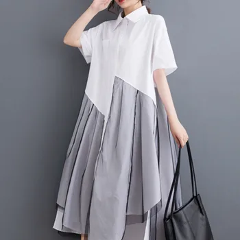 3869 Black White Long Shirt Dress Women Split Joint Mesh Asymmetrical Front Button Shirt