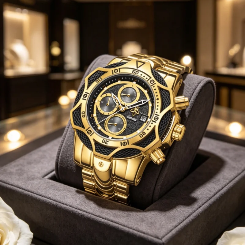

YaLaLuSi Men's Gold Sports Watch Fashion Waterproof Chronograph Black Dial Date Function Wristwatch Free Shipping