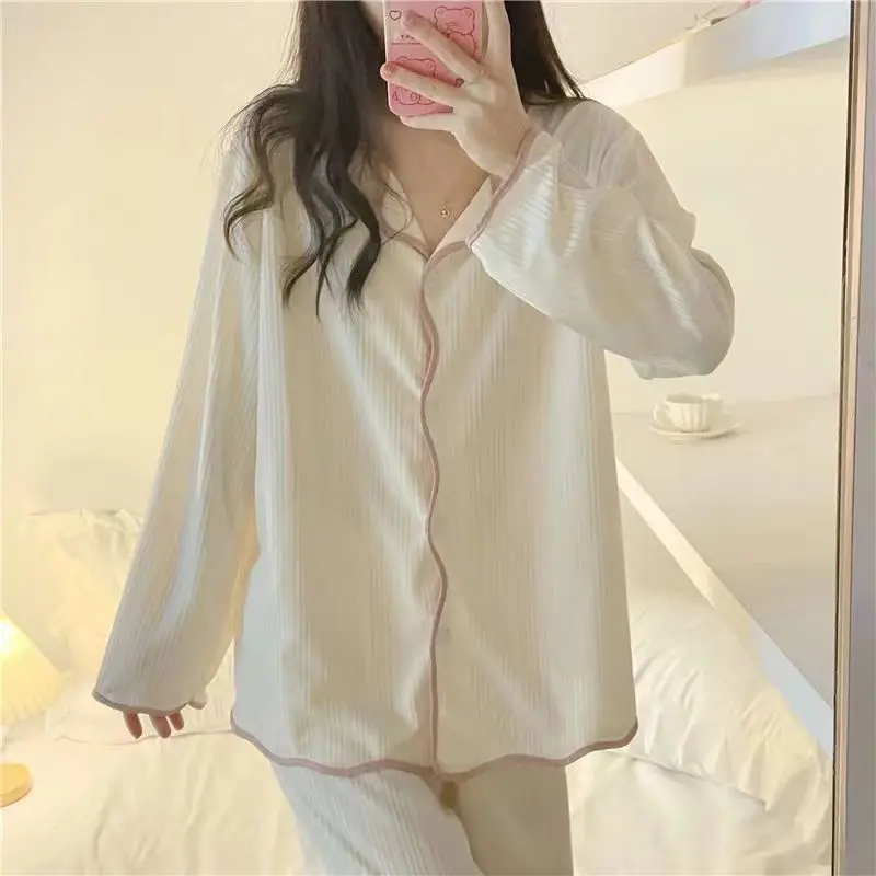 Spring and Autumn Long Sleeve Pants Pajamas Loungewear Set Women\'s Simple Pull Edge Loose Girl Student Loungewear Loose Suit