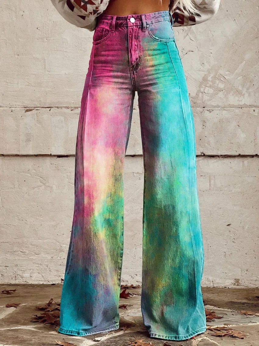 Women's 3D Printed Flare Jeans-Polyester Wide Leg Pants with Distressed Vintage Look, High Waist Comfort Fit for Street Fashion