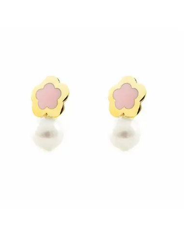 Earrings girl gold 9k you and me flower round pearl 4 mm