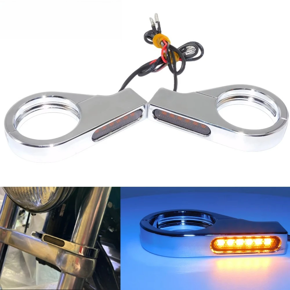 2x luz LED  intermitente frontal cromada y ámbar para motocicleta, lámpara intermitente  tubos  horquilla  41mm para Har