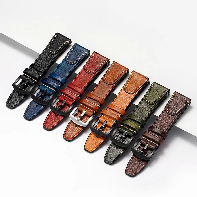 Handmade Cowhide Watch Band Retro Double-sided Top Grain Leather Watch Strap 18mm 20mm 22mm 24mm Universal Wristwatch Bracelet