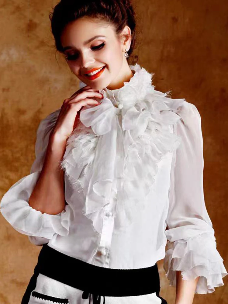 Vintage printed multi-level ruffled lace with bow neck chiffon shirt 2024 spring women\'s new fashion all-matching thin shirt