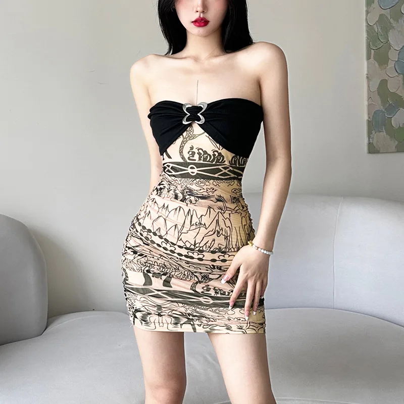 

Retro Elegant Mini Dress For Women 2023 Summer Bachelorette Party Beautiful Feminine Women Sexy Chest Wrapping Dress Women