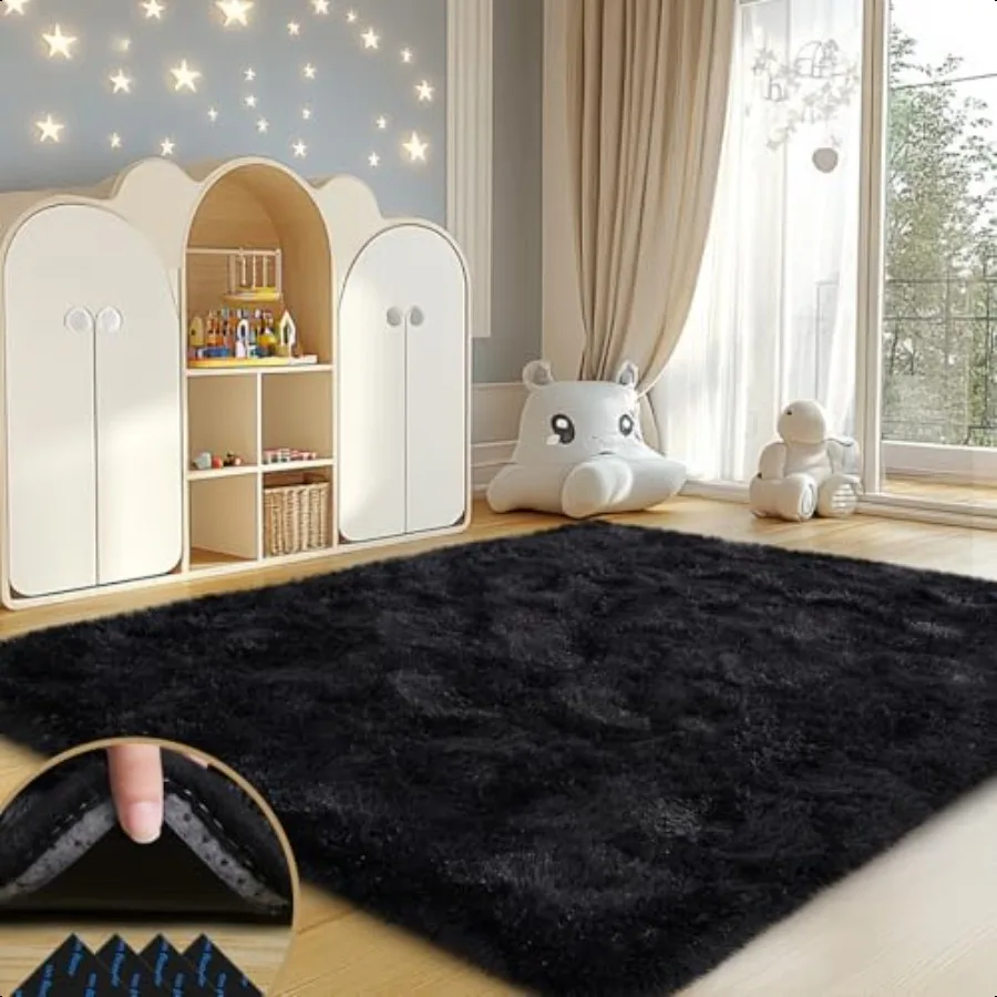 

Black Rugs for Living Room 4x6 Feet Large Fluffy Area Rugs for Bedroom Soft Carpet Shag Rug with 4 NonSlip Rug Pads 4ft x 6ft B