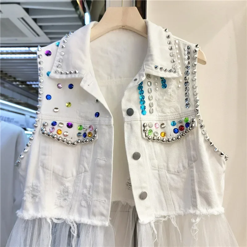 Verão vintage rebite diamante buraco denim colete trabalho pesado malha emenda sem mangas feminino branco cowboy colete fino veste femme