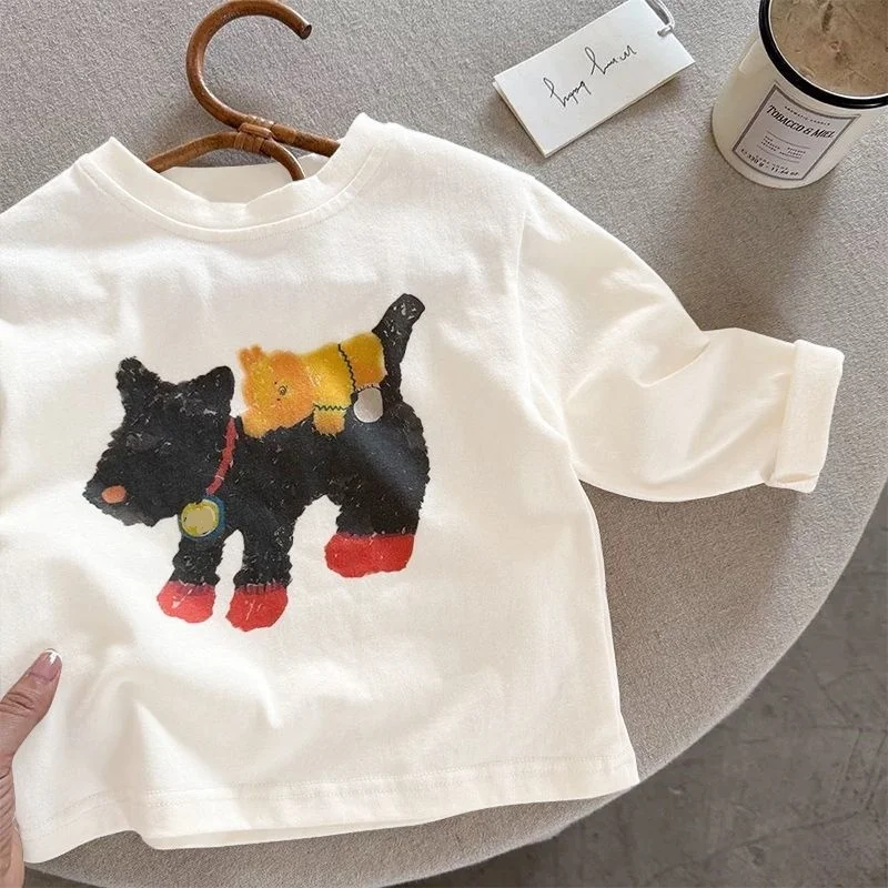 Dziecięca koszulka z nadrukiem kreskówkowym dla chłopców i dziewcząt Odzież 2025 Nowa koszulka z długim rękawem dla dzieci z bawełny