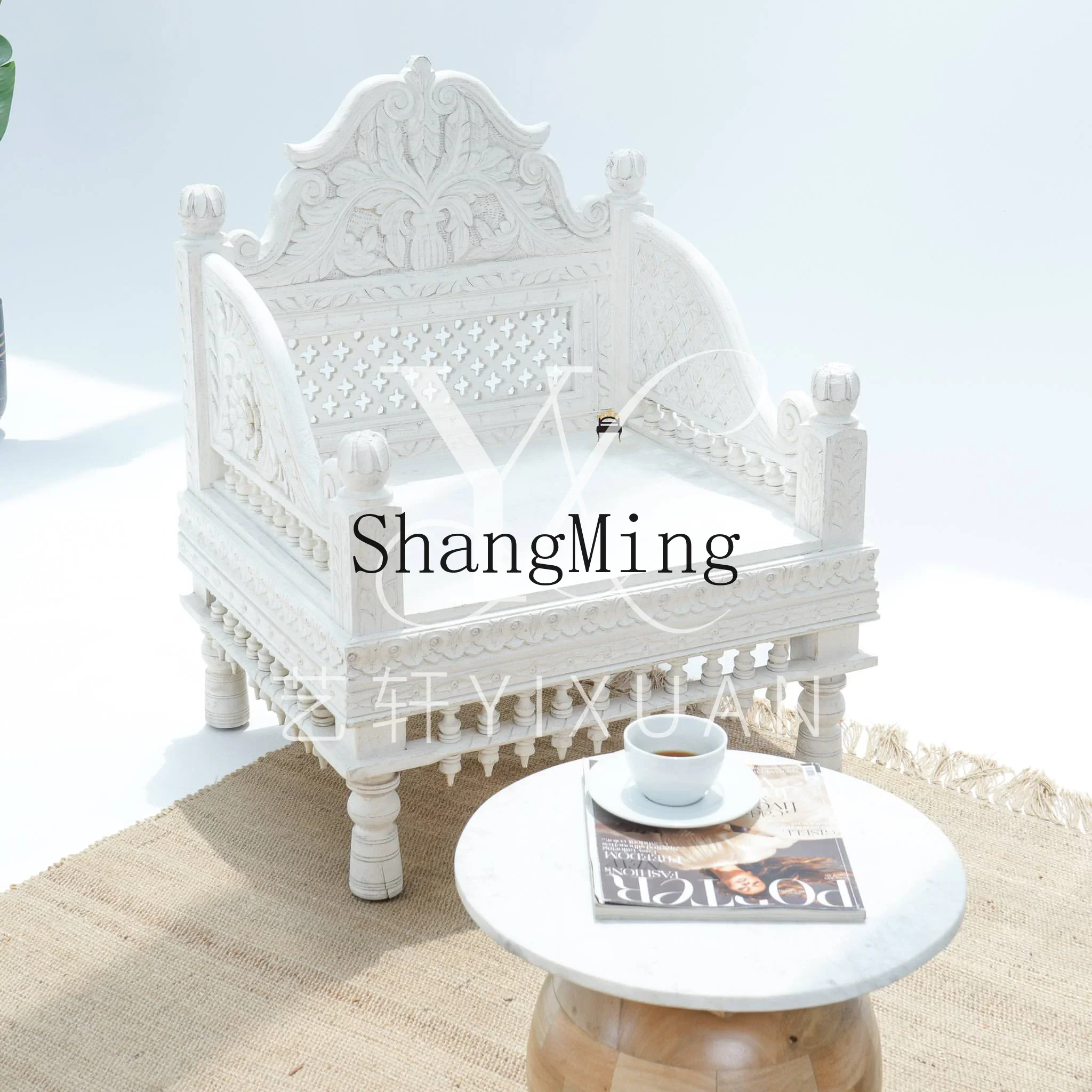 

FG carved hollow single log white old sofa retro