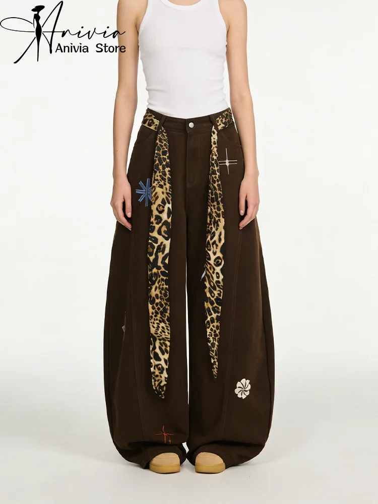 

Женские коричневые джинсы с вышивкой в стиле Y2K Harajuku, американский винтажный уличный стиль, широкие повседневные брюки, длинные штаны