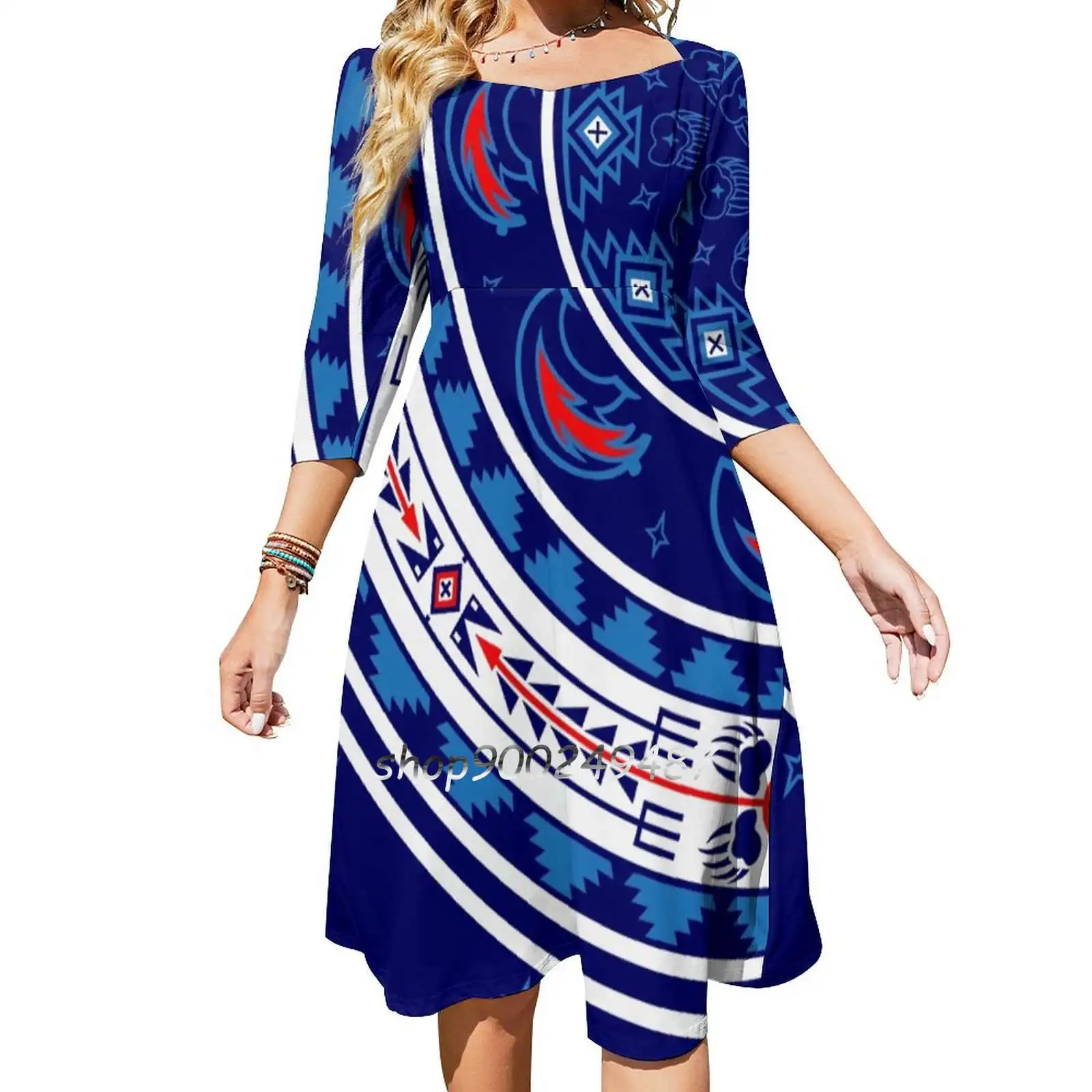 Bear Spirit Blue Square Neck Dress Cute Loose Print Dresses Elegant Beach Party Dress Designs Melvin War Eagle Bear Designs