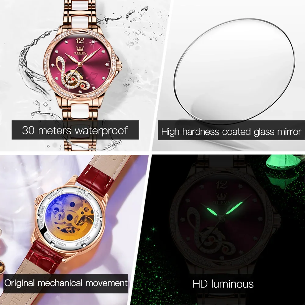 OLEVS-Reloj mecánico automático para Mujer, correa de cerámica exquisita, elegante, luminoso, resistente al agua, relojes de pulsera para Mujer