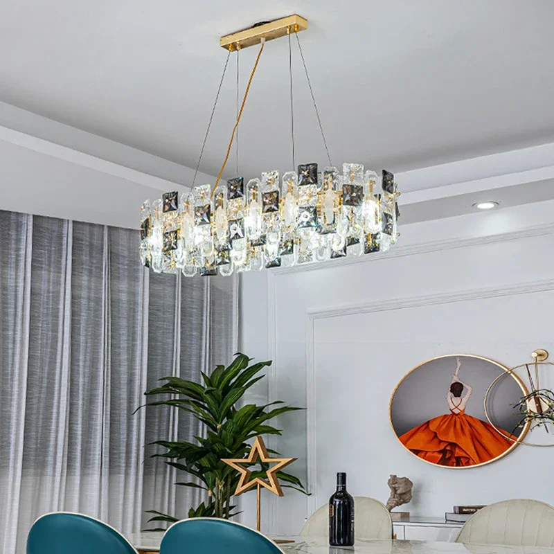 Luxury Golden Smokey Gray Square Crystal Long Oval Chandelier LED Ceiling Light for Home Decor Dining Room