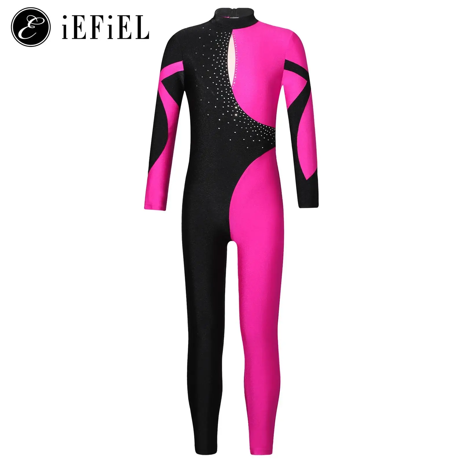 

Kids Girls Long Sleeve One Piece Dancewear Rhinestone Hollow Back Dance Leotard Gymnastics Yoga Aerobics Jumpsuit Bodysuit