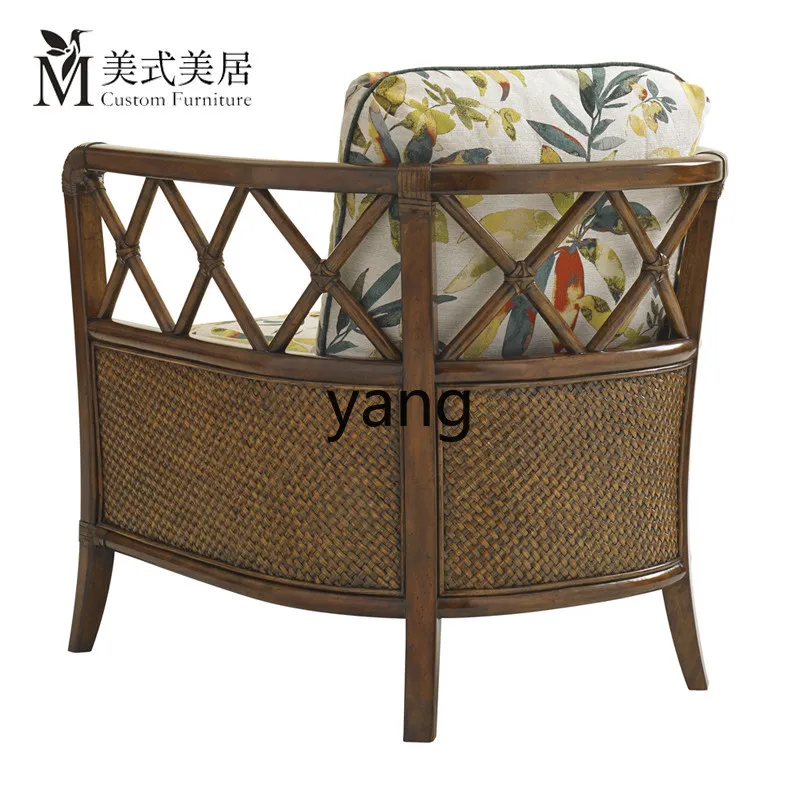 LTT Solid wood single rattan chair Leisure balcony Living room Comfortable flower cloth sofa chair