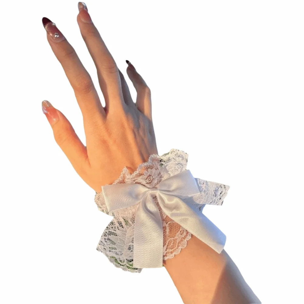 Ruffled Lace Hand Sleeve Cuffs Bowknot Lolita Fake Sleeve Gloves Floral Tulle Sweet Satin Cosplay Wristband Wrist Accessories