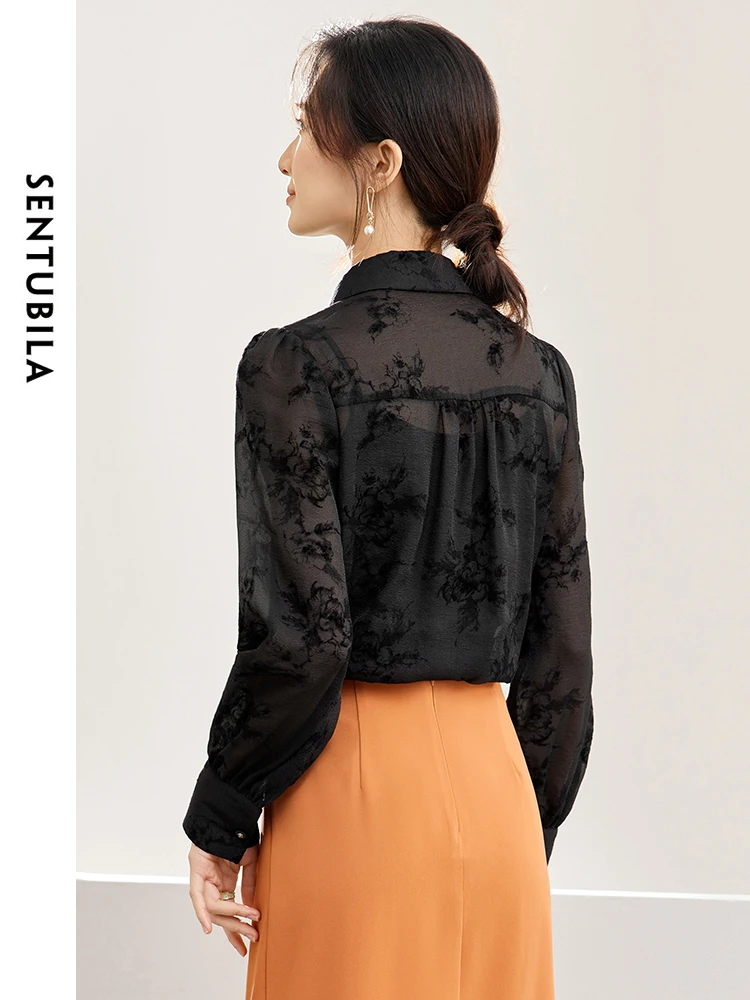 SENTUBILA Black Lapel Printed Long Sleeve Blouses Tank Top 2024 Spring Chinese Style Loose Button Up Shirt Camisole 141C53374