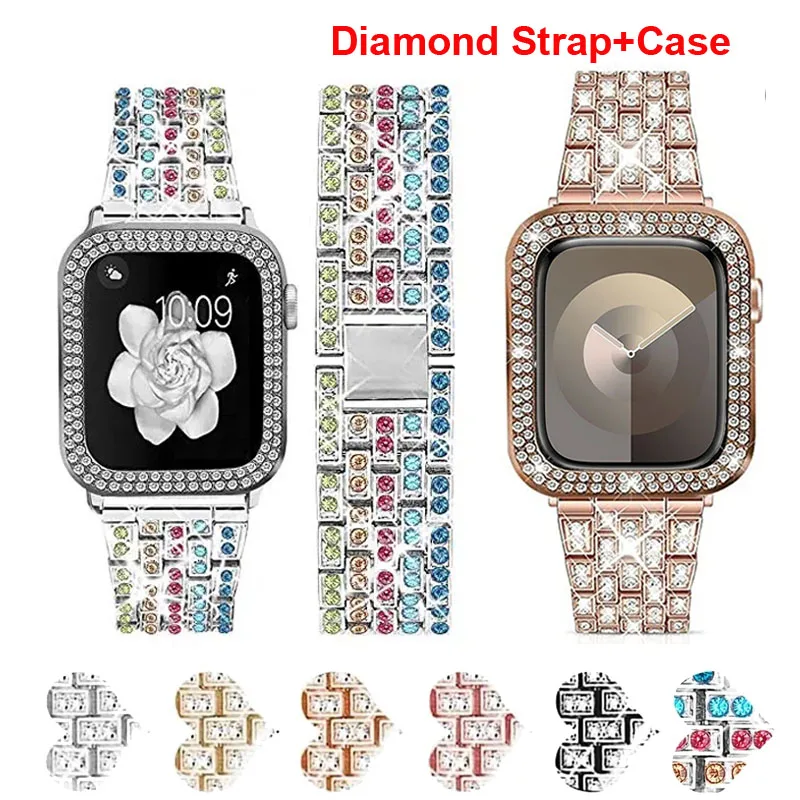 Damski pasek diamentowy + etui do Apple Watch 45 mm 44 mm 42 mm 41 mm 40 mm 38 mm Metalowa bransoletka iWatch 7 8 9 SE Bling Cover Correa