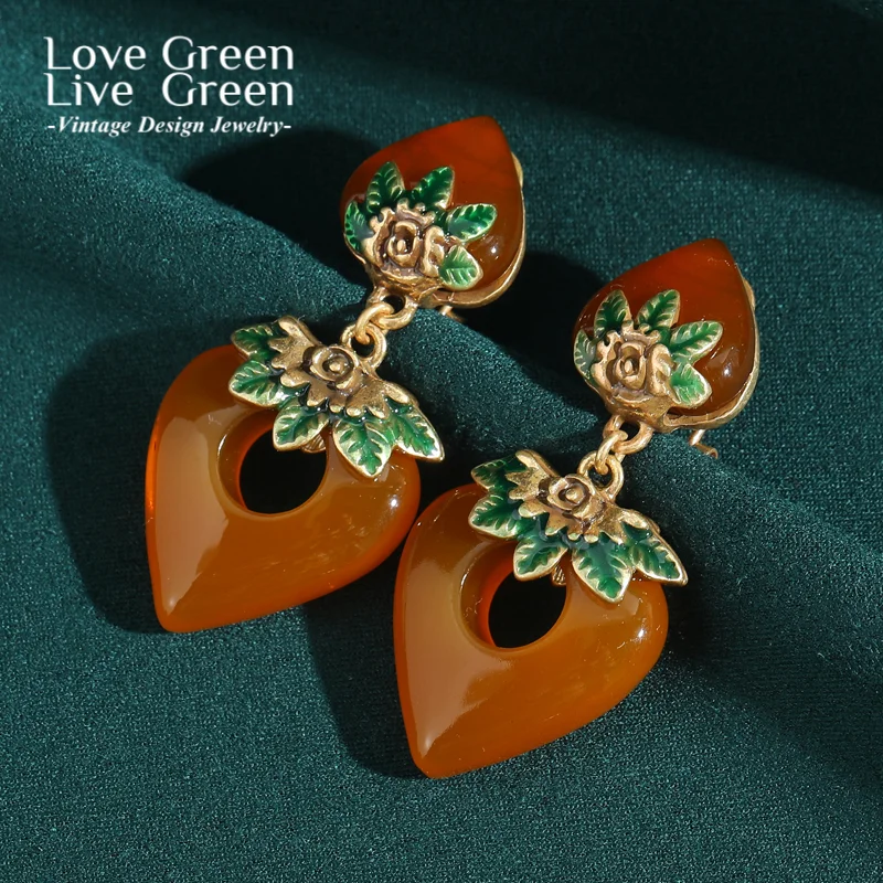 

Vintage Amber Heart Drop Earrings Rhinestone Flower Pendant Gold Color Leaf Antique Decorative Party Accessories 2025 Trendy