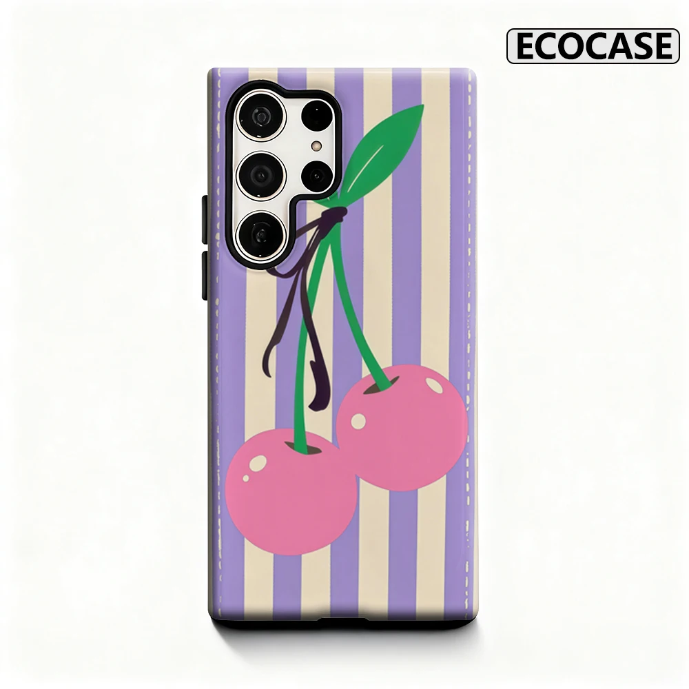 Handyhülle mit rosa Kirschen auf Streifen für Samsung Galaxy S25 Ultra S24 S23 Ultra Plus, glänzende doppellagige Rückseite